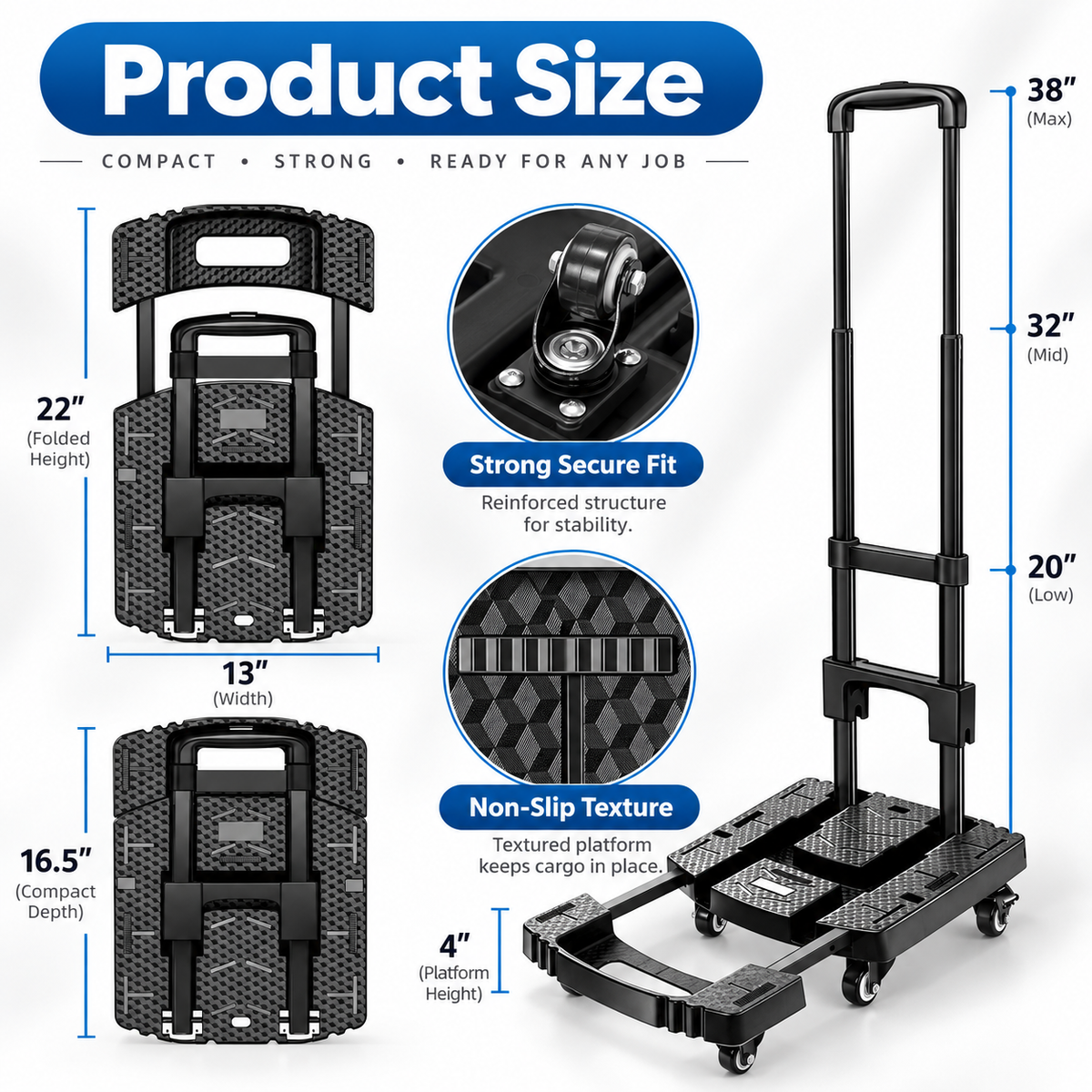 Heavy-Duty Foldable Platform Cart – Expandable Base, Telescopic Handle & Smooth-Rolling Wheels