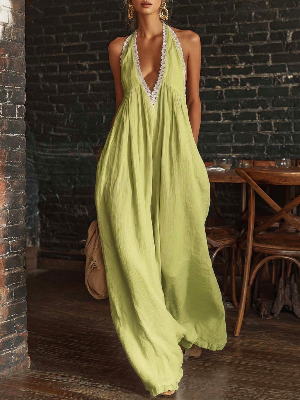 Elegant And Sexy Lace V-neck Cotton And Linen Jumpsuit