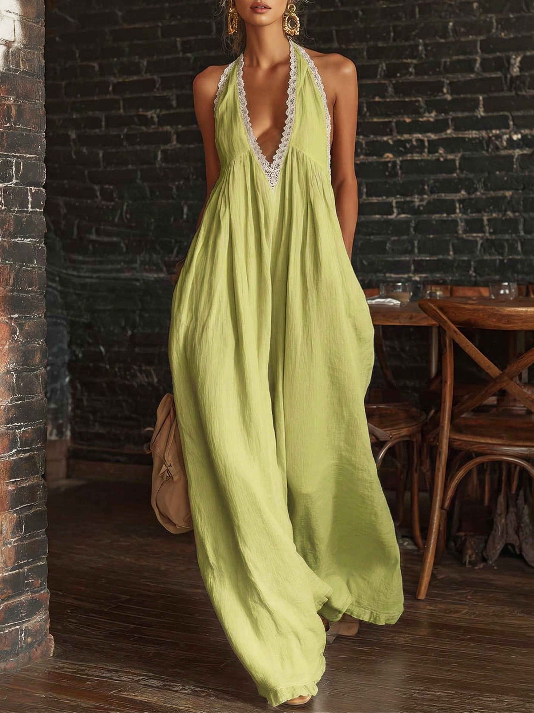 Elegant And Sexy Lace V-neck Cotton And Linen Jumpsuit