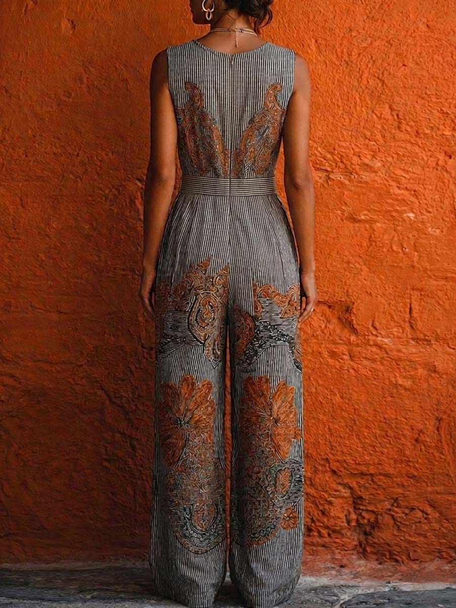Women's V-neck Sleeveless Casual Loose Retro Striped Cotton-linen Wide-leg Jumpsuit