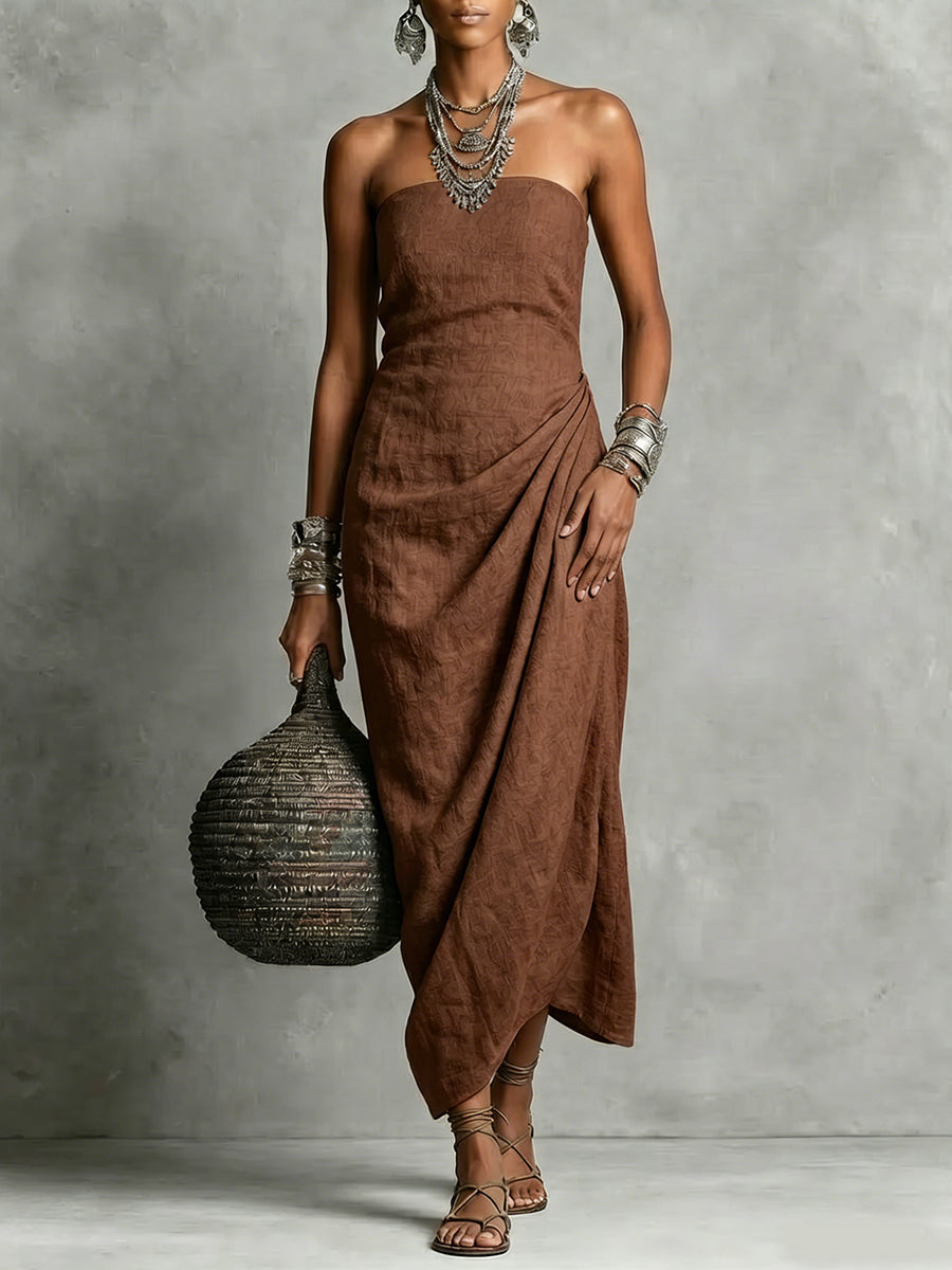 Women's Elegant Strapless Ruched Linen Cotton Dress