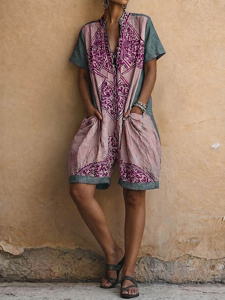 Women's Retro-print V-neck Short-sleeve Jumpsuit â Loose-fit Cotton-linen Wide-leg Casual Romper