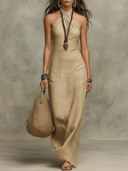 Stylish & Sexy Halter-neck Cotton-linen Maxi Dress
