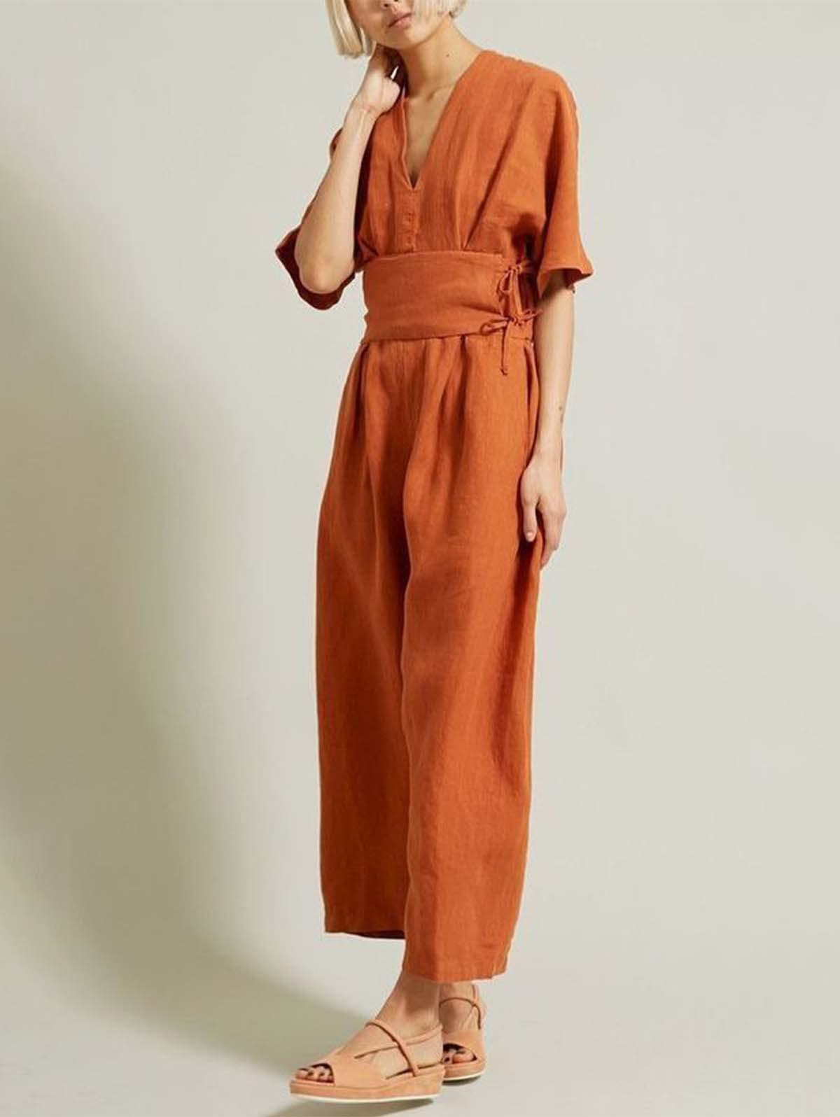 New Casual Age-reducing Western Style Retro Belted Linen Jumpsuit