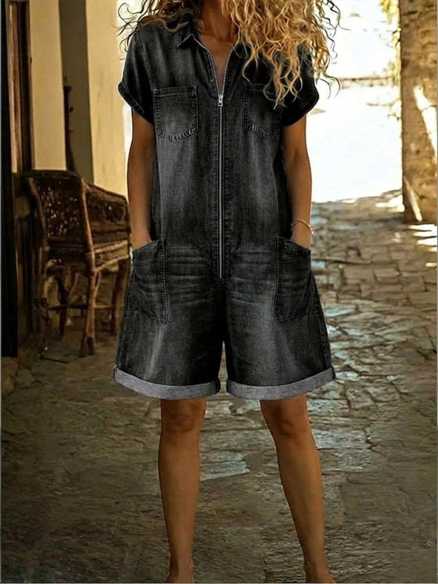 Casual Zip-up Denim Jumpsuit Shorts