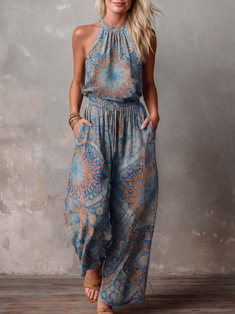 Women's Crew Neck Sleeveless Casual Loose-fit Retro Print Cotton-linen Wide-leg Jumpsuit