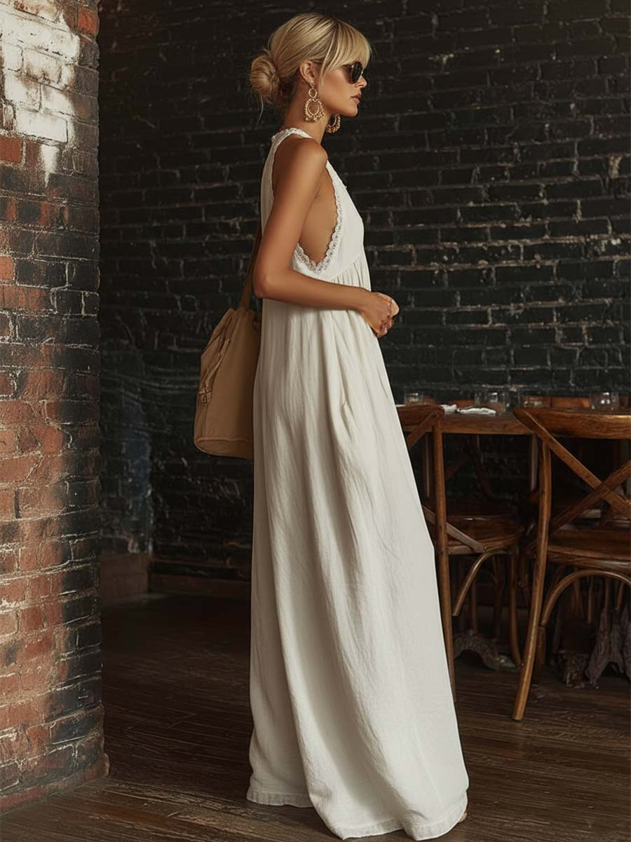 Elegant And Sexy Lace V-neck Cotton And Linen Jumpsuit