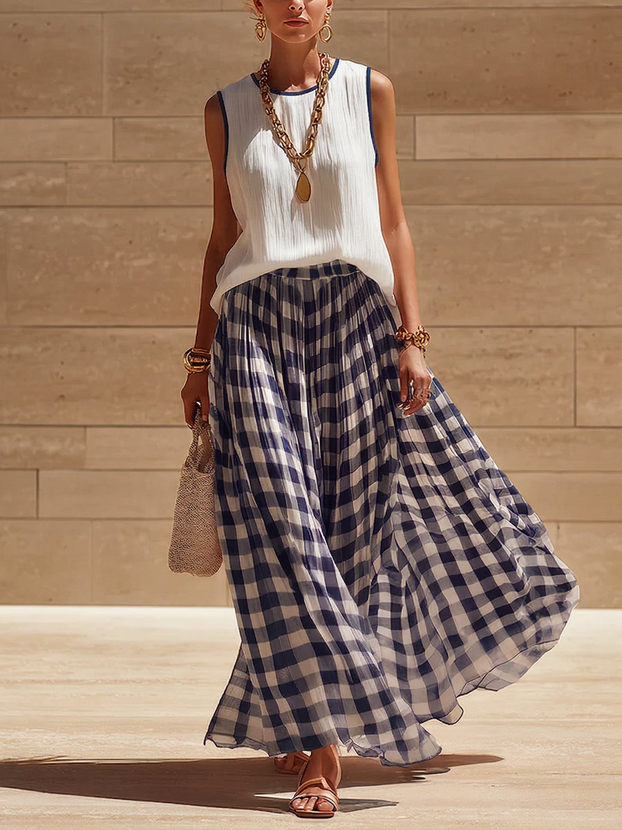 Retro-elegant Plaid Print Vest And Skirt Two-piece Set