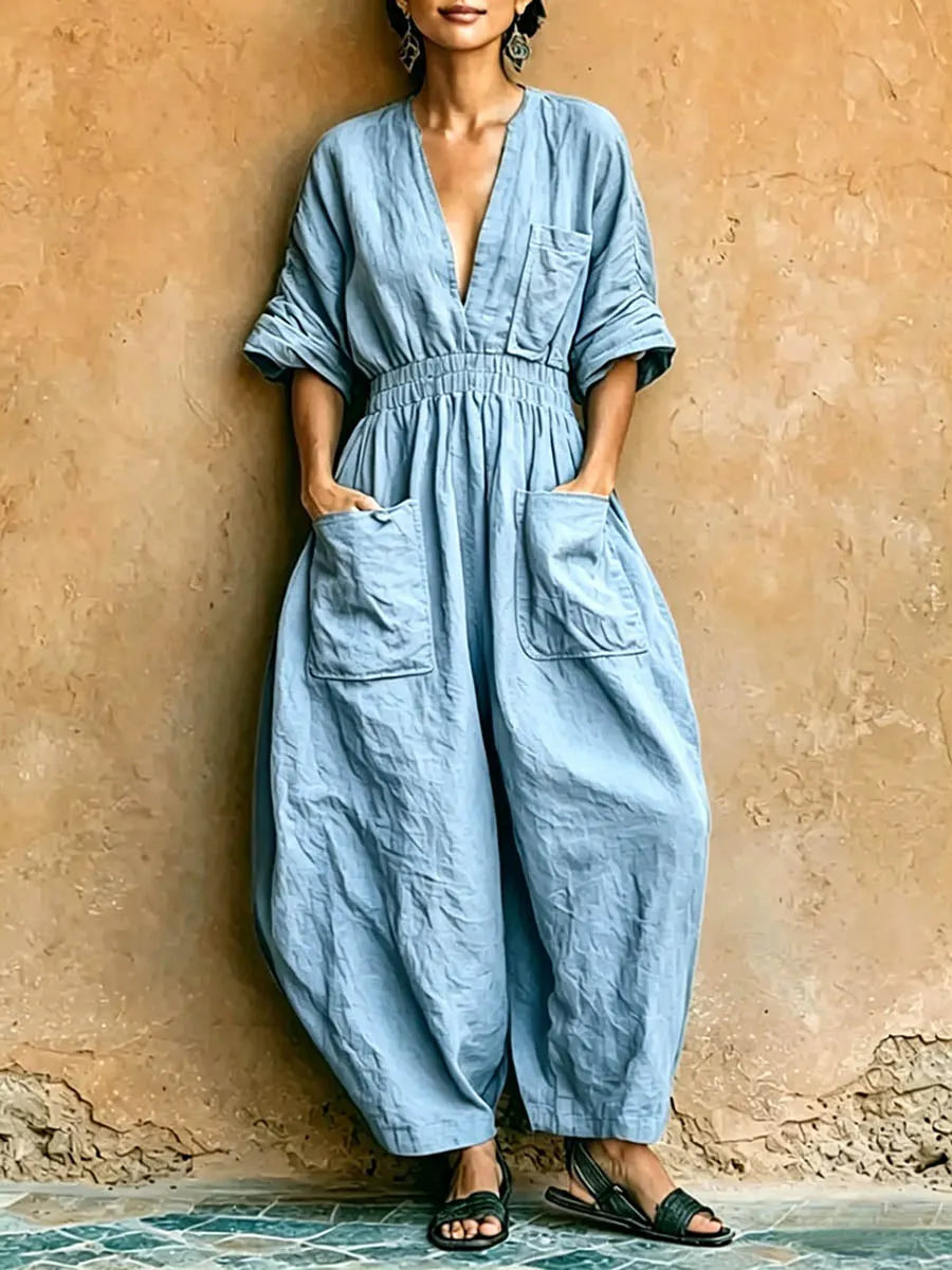Women's Solid-color V-neck 3/4-sleeve Casual Loose Cotton-linen Wide-leg Jumpsuit