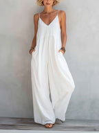 Women's Casual White Cotton-linen Blend Sleeveless Loose Jumpsuit
