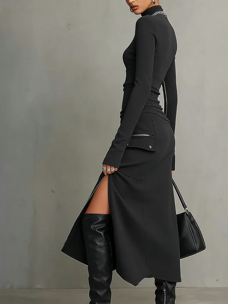 Stylish Casual Zipper Design Tops And Irregular Skirt Stretch Set