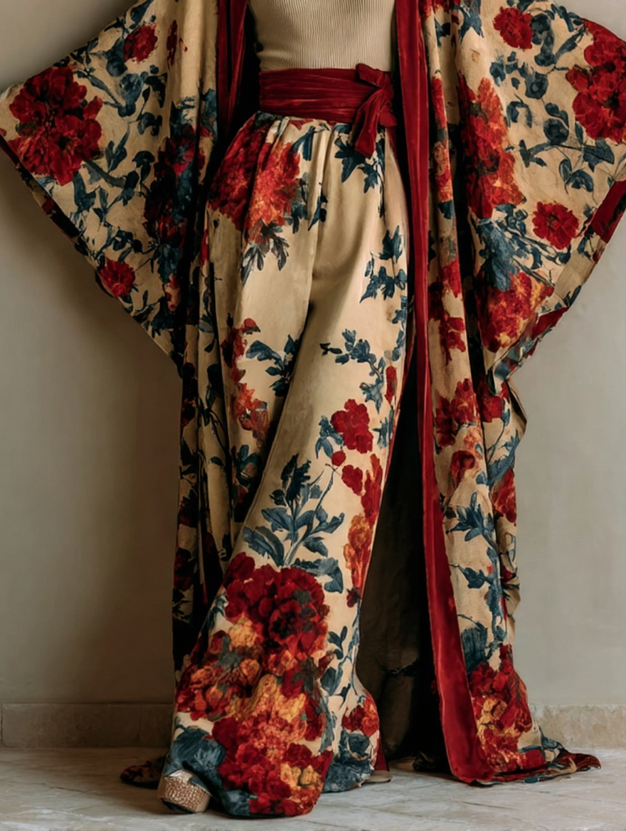 Women's Elegant Red Vintage Printed Robe Pants Set