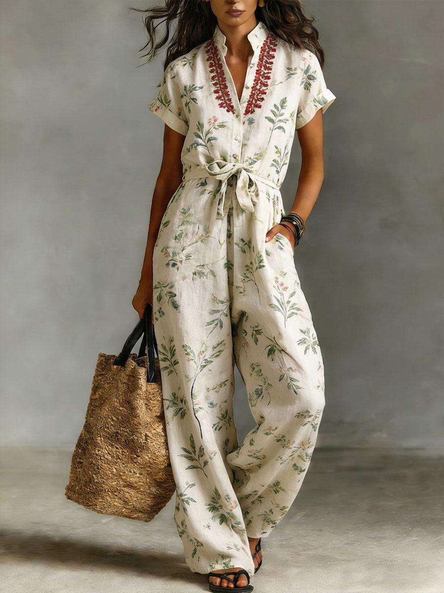 Women's Casual Cotton-linen Jumpsuit With Embroidered Floral Print