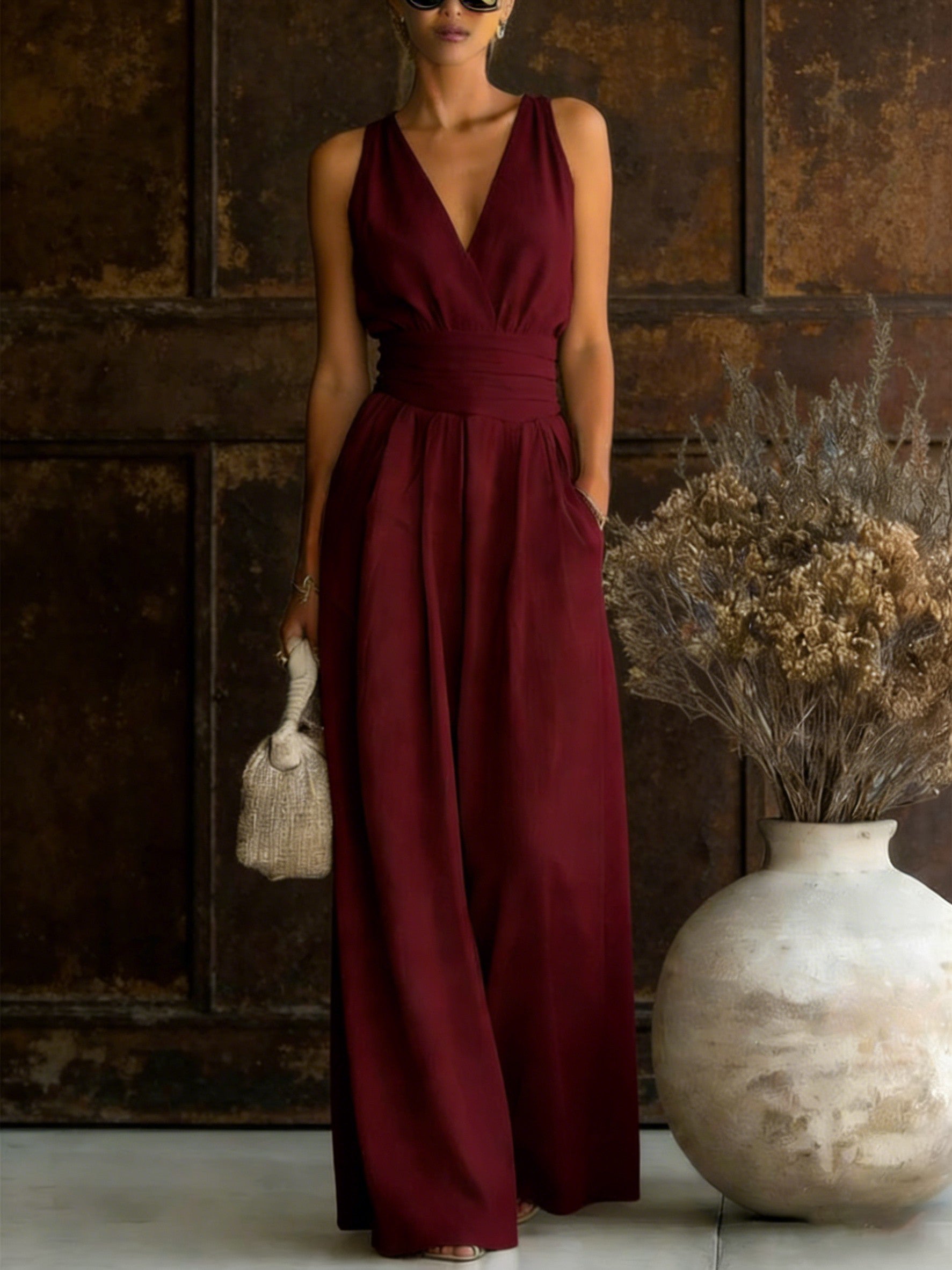 Women'S Solid Color V-Neck Sleeveless Vacation Jumpsuit