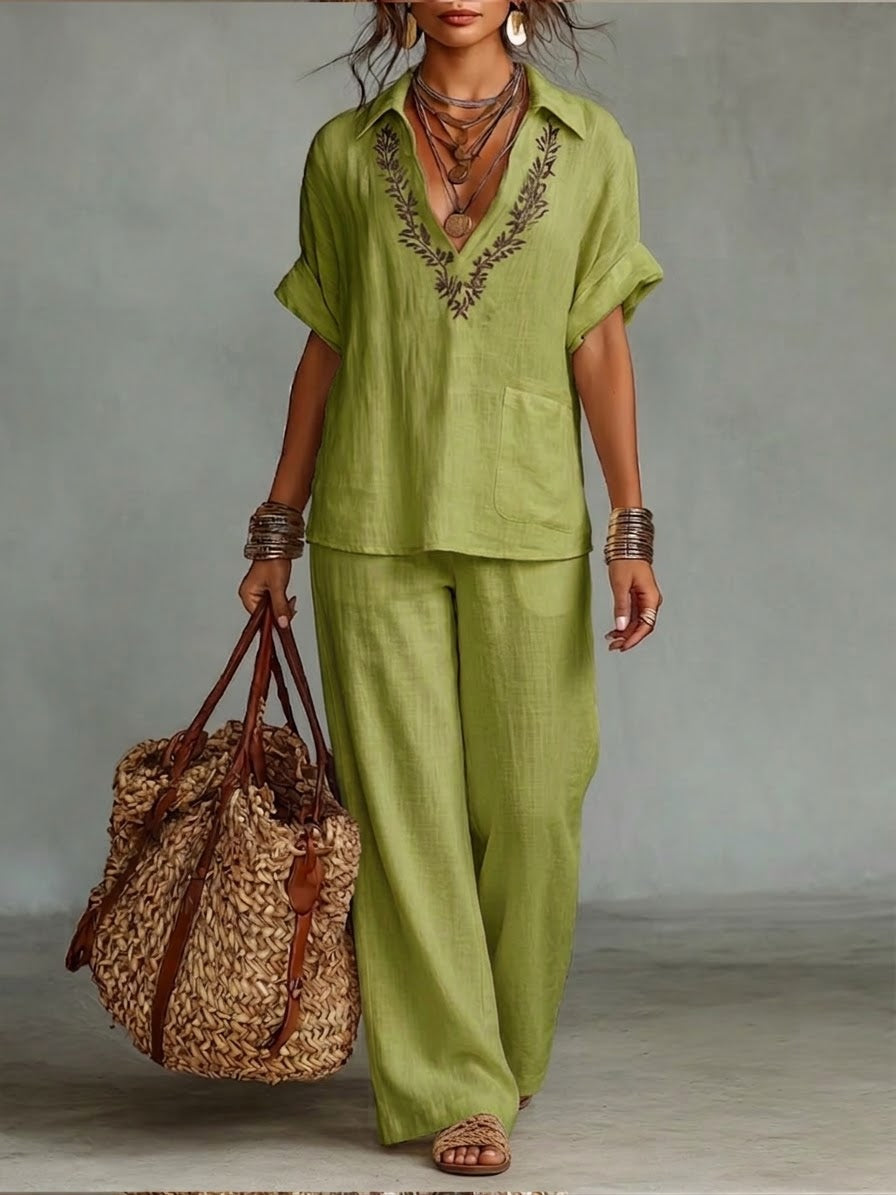 Casual Linen And Cotton Shirt And Trousers Two-piece Set