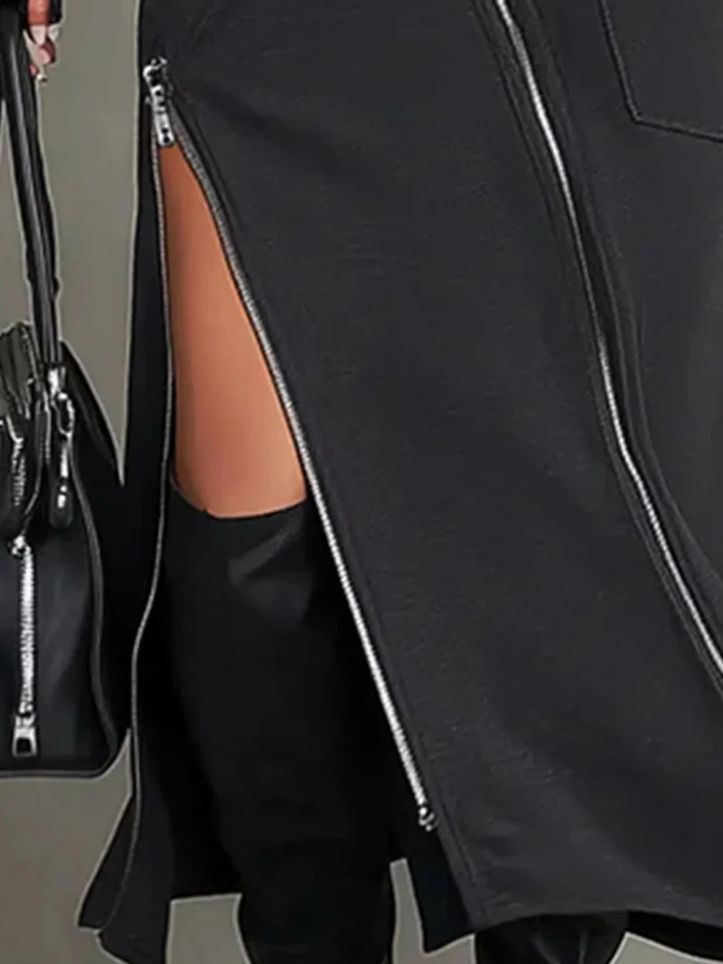 Stylish Casual Zipper Design Tops And Irregular Skirt Stretch Set