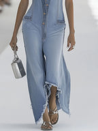[24-hour shipping out]Western Retro Light Blue Denim Sleeveless Raw Edge Wide Leg Zipper Jumpsuit
