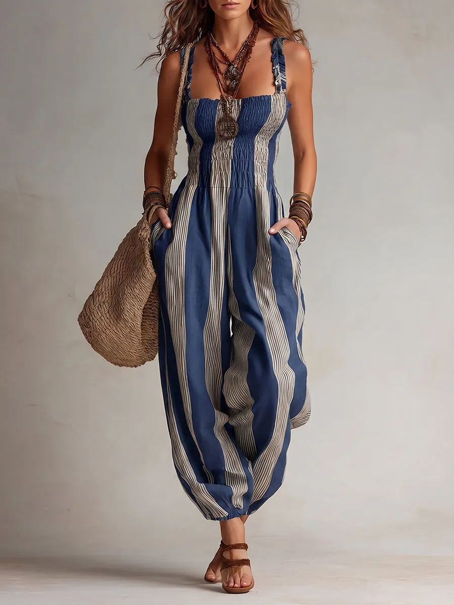 Women's Square-Neck Sleeveless Loose-Fit Casual Jumpsuit â€” Plaid Print Cotton-Linen Strappy Romper