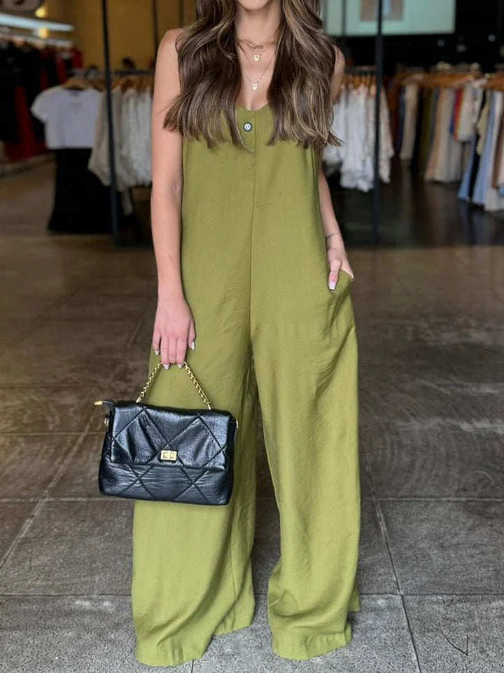 Women's Solid Color V-neck Sleeveless Casual Loose Cotton And Linen Jumpsuit