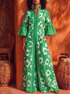 Retro Vacation-style Ruffled Cotton-linen Wide-leg Jumpsuit