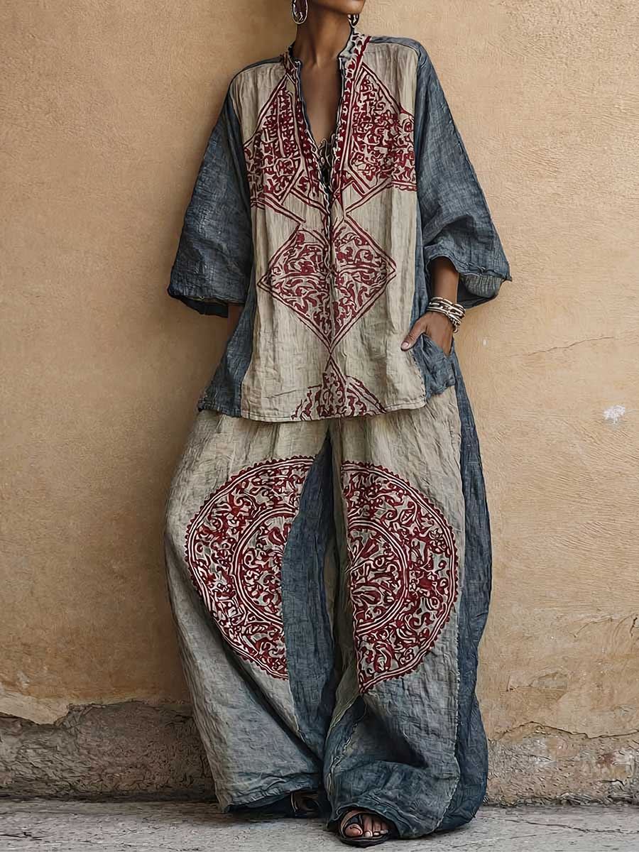 Women's Vintage-print V-neck 3/4-sleeve Loose-fit Cotton-linen Top & High-waisted Wide-leg Pants Set