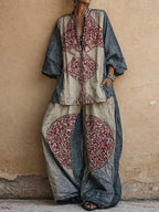 Women's Vintage-print V-neck 3/4-sleeve Loose-fit Cotton-linen Top & High-waisted Wide-leg Pants Set