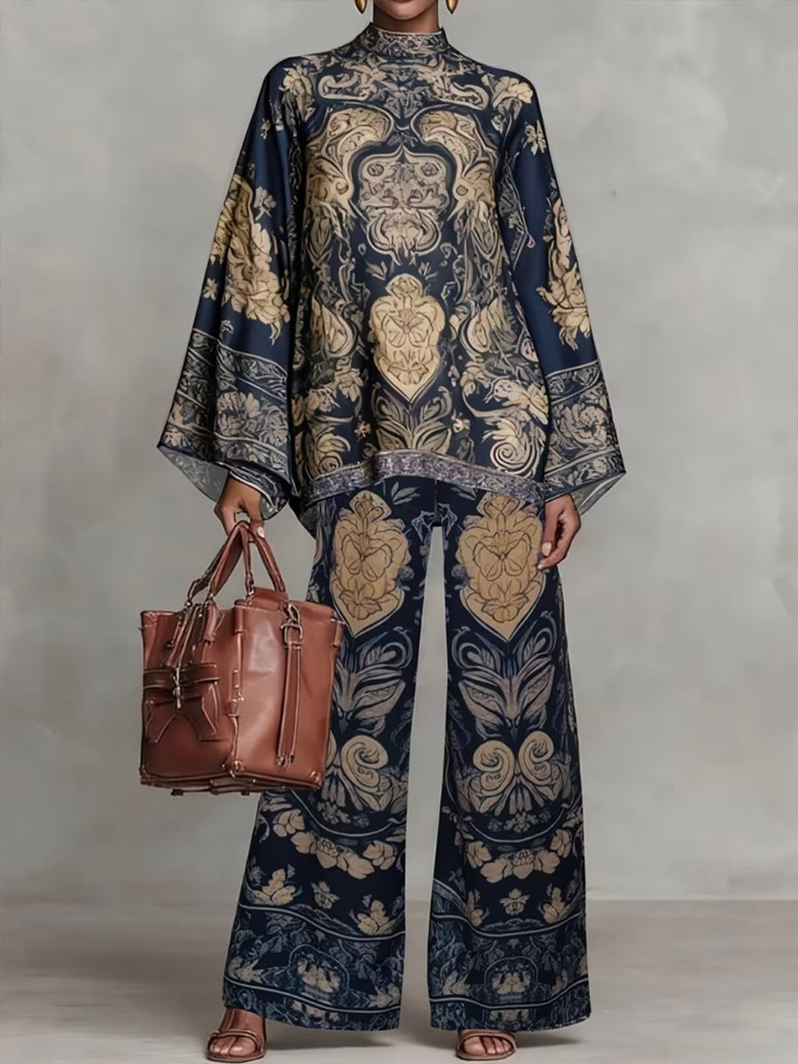 Cozy And Loose-fitting Retro Print Top And Pants Two-piece Set