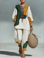Casual Artistic Color-blocked Linen And Cotton Top And Pants Two-piece Set