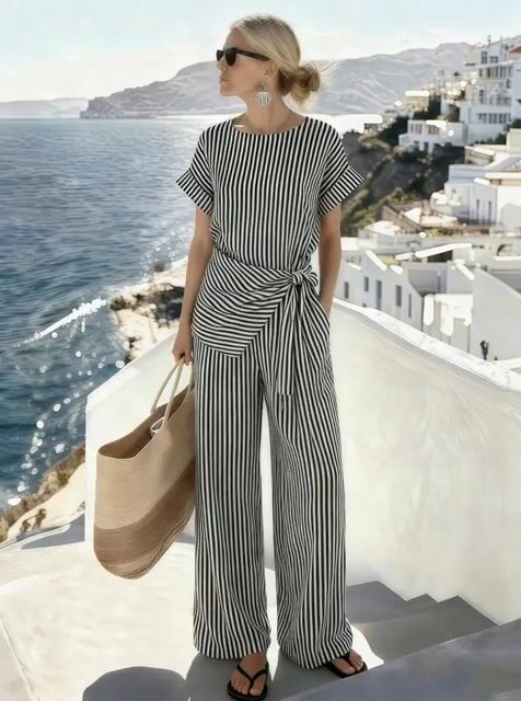 Women's Round-Neck Striped Jumpsuit