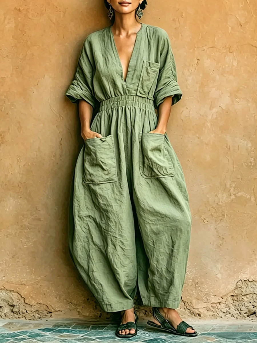 Women's Solid-color V-neck 3/4-sleeve Casual Loose Cotton-linen Wide-leg Jumpsuit