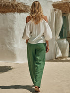 Women's Casual Vacation Embroidered White Halter Top And Green Wide-leg Pants Set