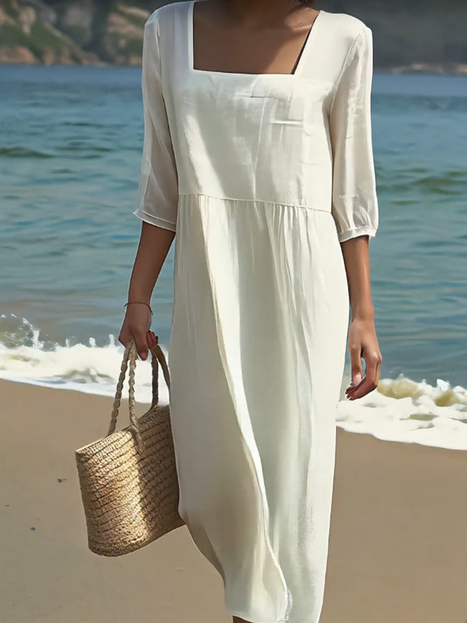 Women's Casual Solid Color Cotton and Linen Square Neck Mid Sleeve Dress
