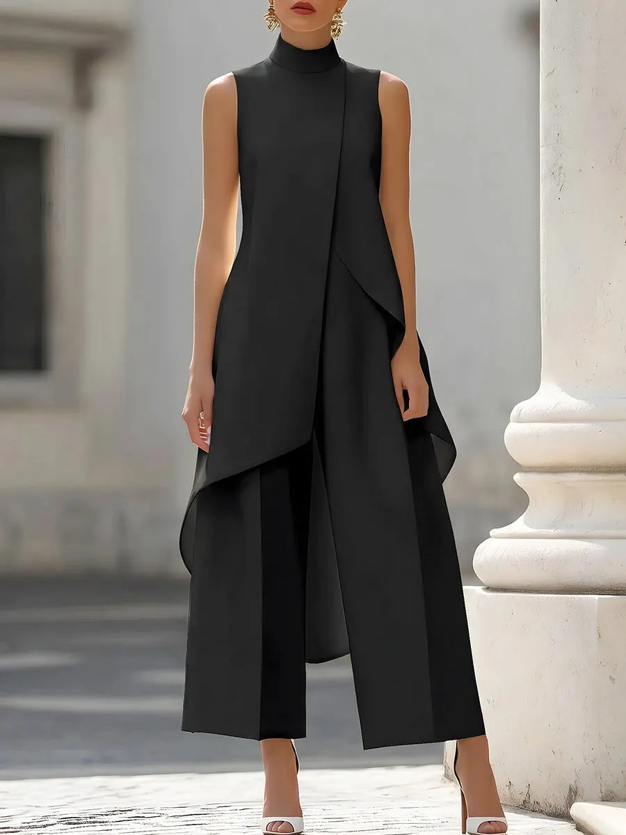 Women's Solid-color Cotton-linen Set: Stand-collar Sleeveless Top & High-waisted Wide-leg Pants