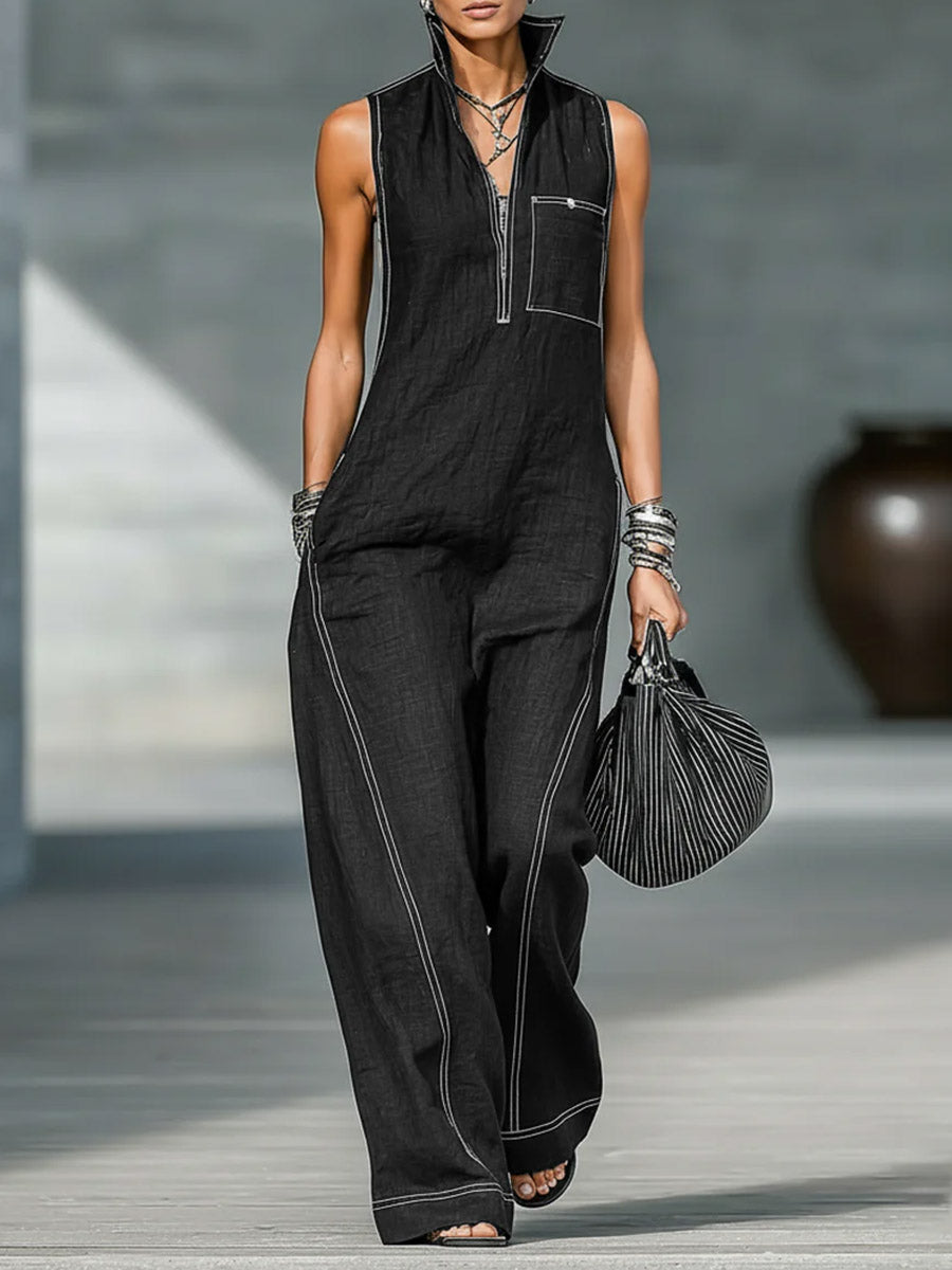 Women's Stand-collar Sleeveless Casual Loose Cotton And Linen Jumpsuit
