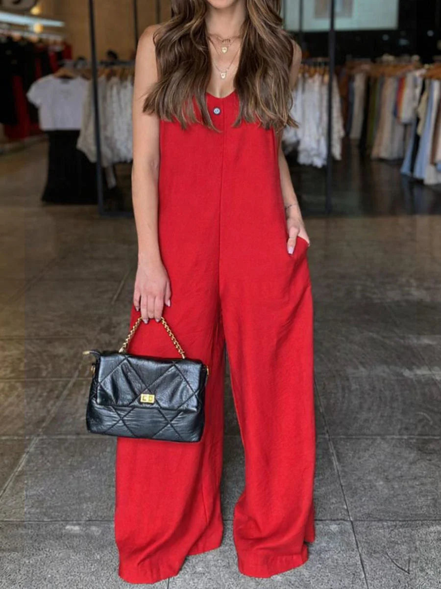 Women's Solid Color V-neck Sleeveless Casual Loose Cotton And Linen Jumpsuit
