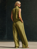 Stylish Stand-up Collar Zipper Linen Cotton Two-piece Set