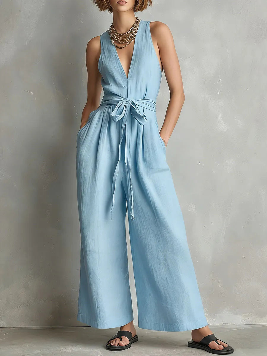 Women's Solid-color V-neck Sleeveless Casual Loose Cotton-linen Wide-leg Jumpsuit
