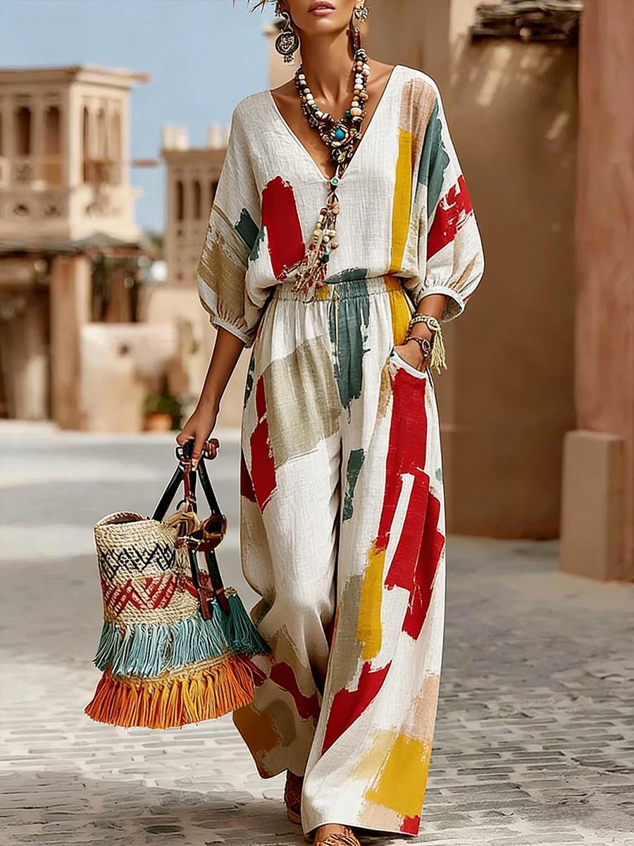 Women's Abstract Print V-neck 3/4-sleeve Casual Loose Cotton-linen Jumpsuit