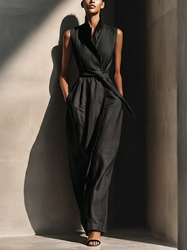 Elegant Collared Sleeveless Linen Cotton Jumpsuit