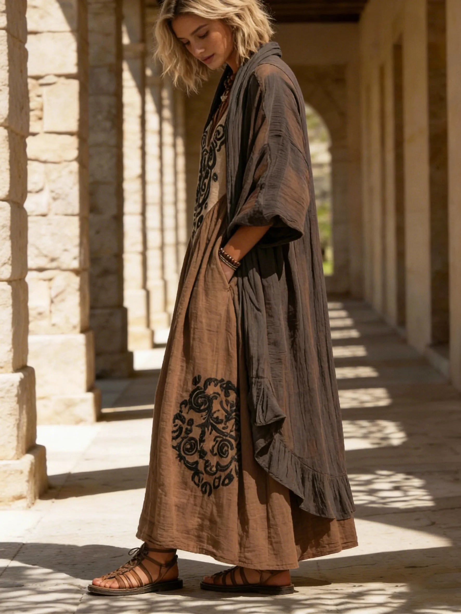 Boho Loose Jumpsuit And Cardigan Linen Cotton Jtwo-piece Set