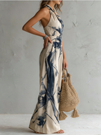 Retro-elegant Ink Wash Print Jumpsuit