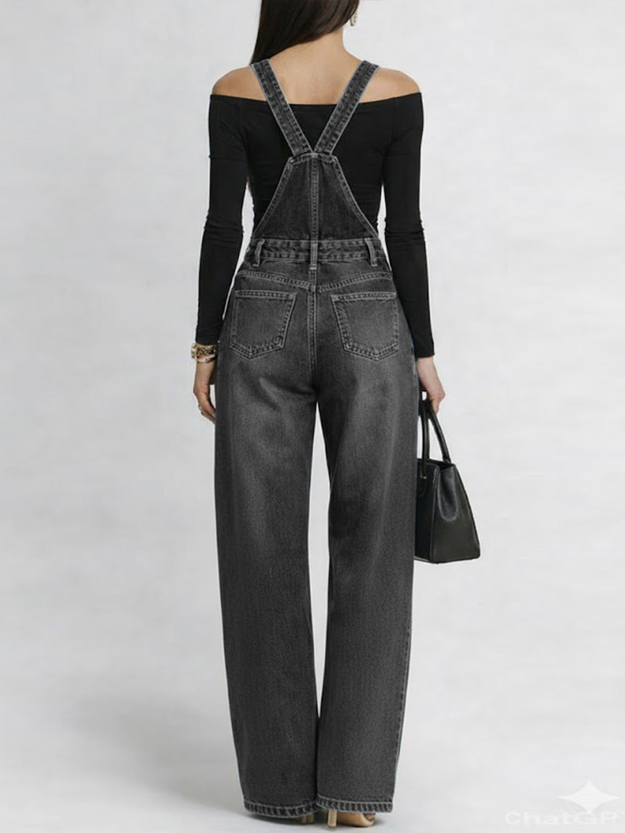 Women's Casual Loose Denim Overalls Wide-leg Jumpsuit