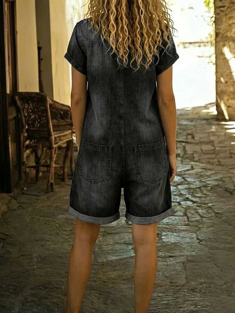 Casual Zip-up Denim Jumpsuit Shorts
