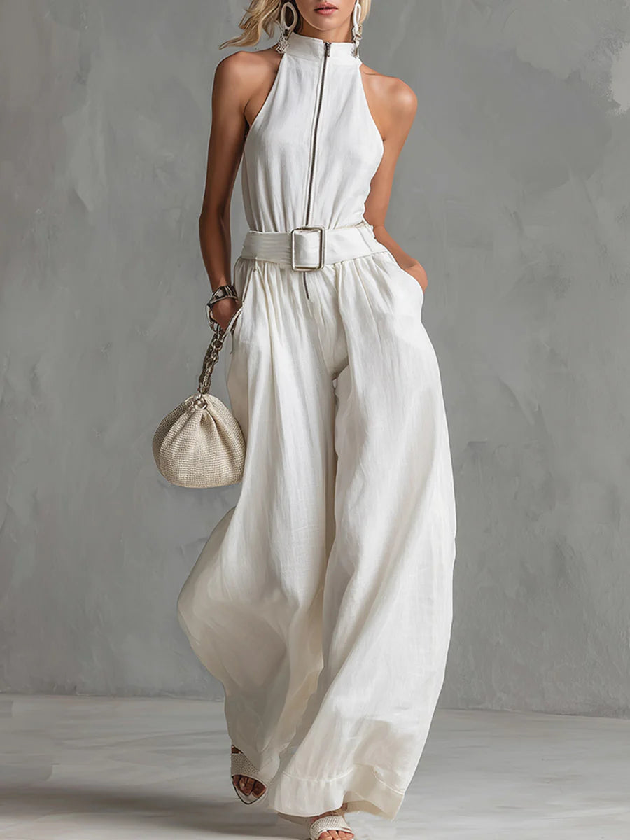 Women's Minimalist Design Cotton-Linen Halter Jumpsuit