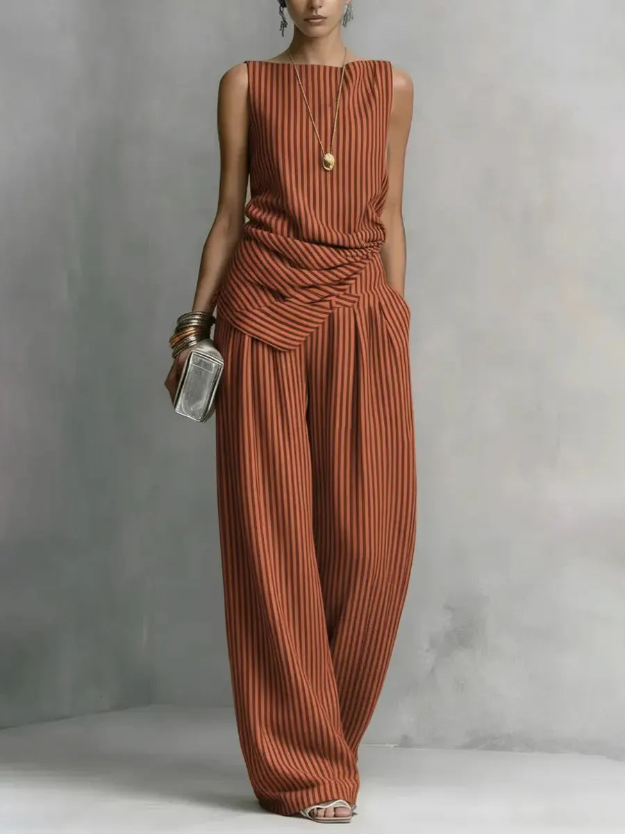 Women's Casual Simple Sleeveless Striped Cotton Linen Set