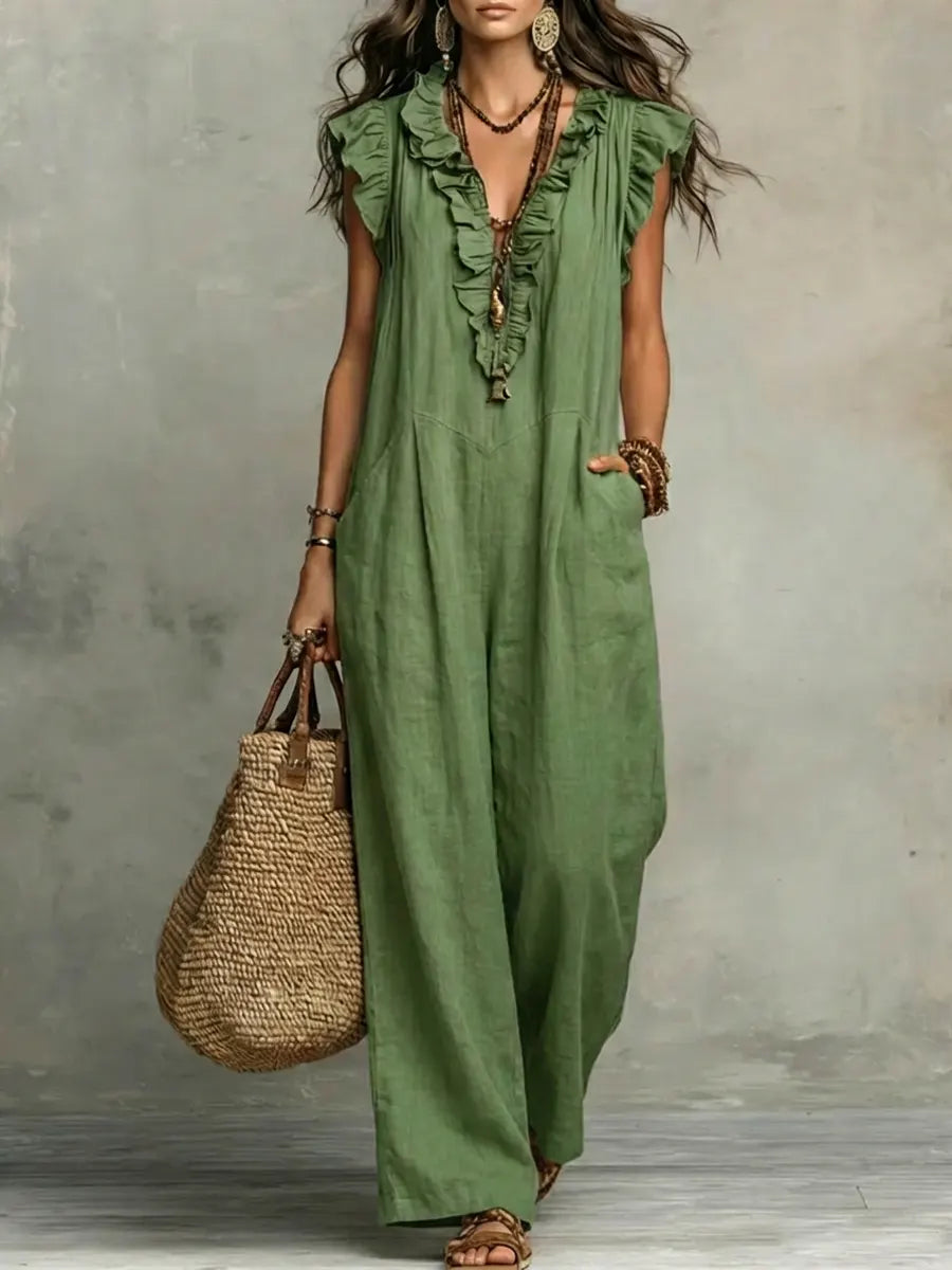 Women's Solid Color Ruffled Art Casual Stylish Cotton Linen Jumpsuit