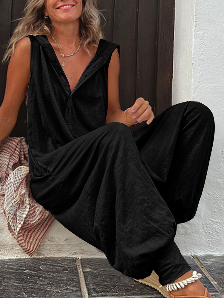 Solid Button Hooded Sleeveless Jumpsuit