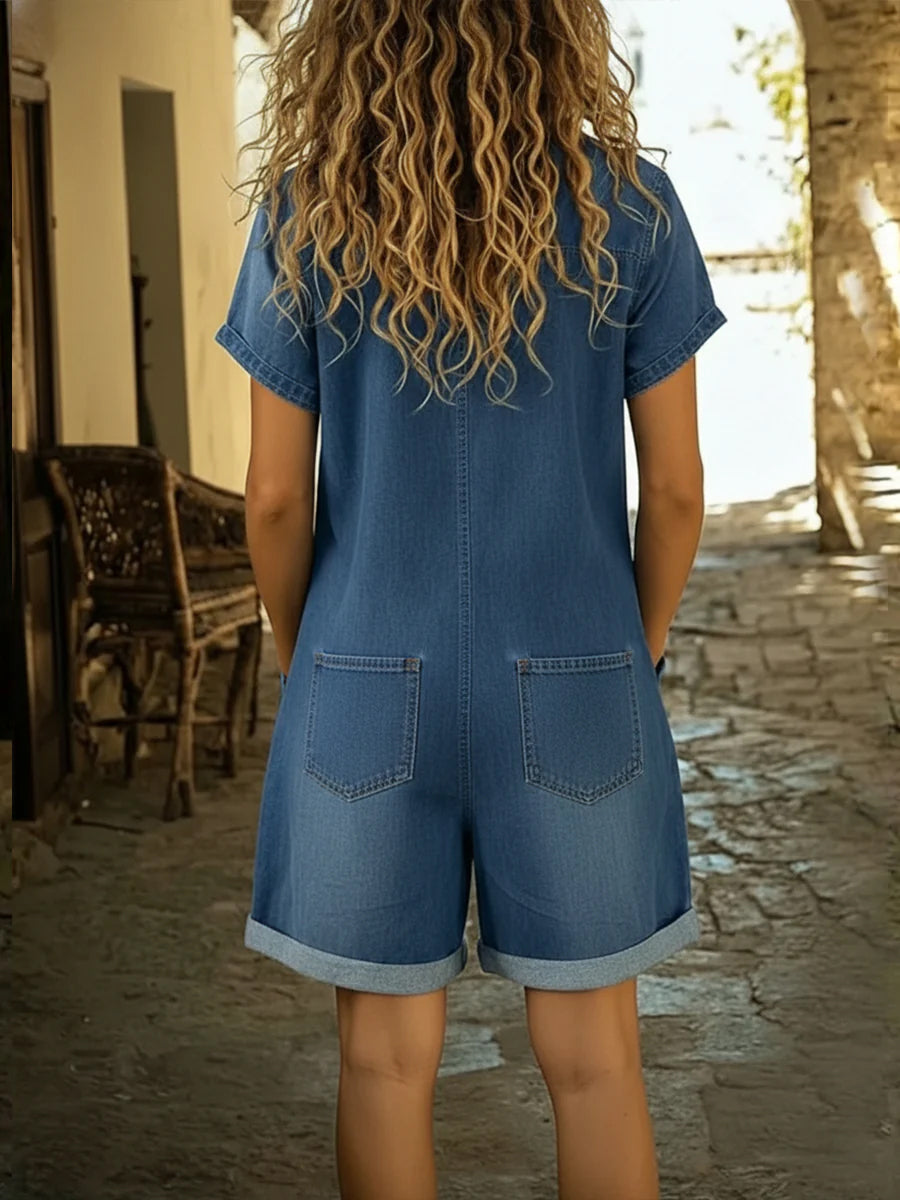 Casual Zip-up Denim Jumpsuit Shorts