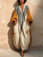 Women's Vintage Art Print V-neck Long Sleeve Cotton Linen Jumpsuit