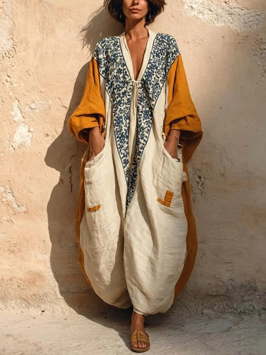 Women's Vintage Art Print V-neck Long Sleeve Cotton Linen Jumpsuit